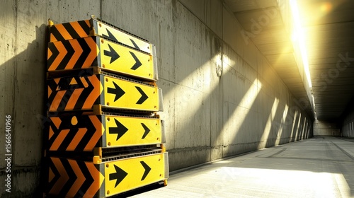 Bright Warning Cones with Arrows in Industrial Tunnel Setting