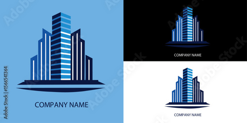 Vector art of a modern abstract logo design of multiple blue skyscrapers, isolated on white background