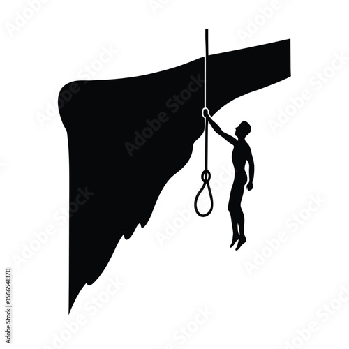 Black silhouette of person hanging from rope on cliff edge