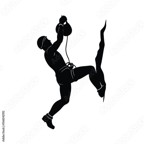 Black silhouette of rock climber with rope and helmet