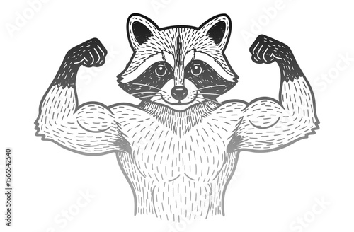 strong muscular raccoon showing biceps sketch
