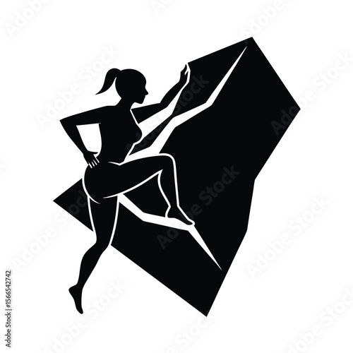 Black silhouette of woman climbing steep rock face