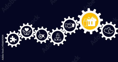 Volunteering and charity vector illustration. Concept with icons related to volunteer and community projects, welfare or charitable donations.