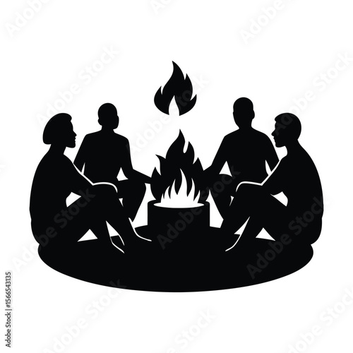 Group of people sitting around a campfire silhouette