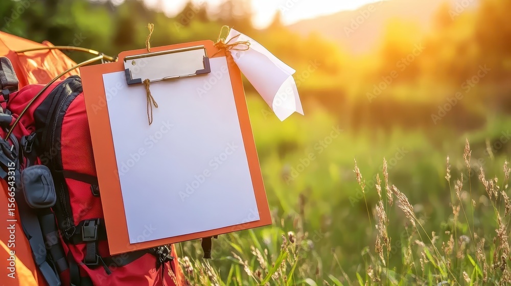 Outdoor Adventure Backpack with Blank Clipboard and Sunlit Background