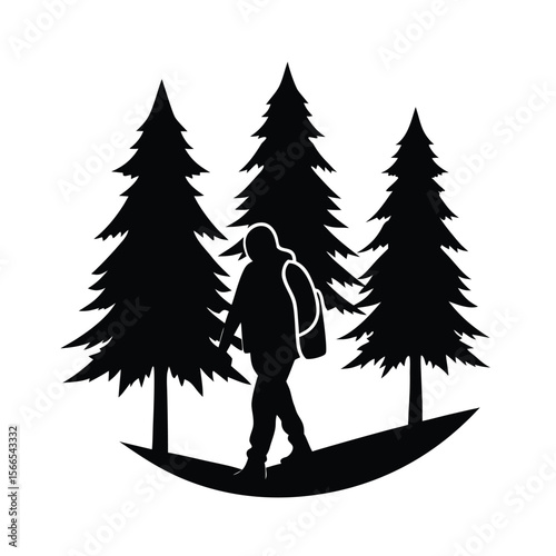 Hiker silhouette walking among pine trees forest