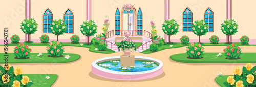 The door to the beautiful pink castle of the beautiful princess is decorated with heart-shaped jewels and a beautiful rose garden. Vector illustration of fairy tale architecture close-up