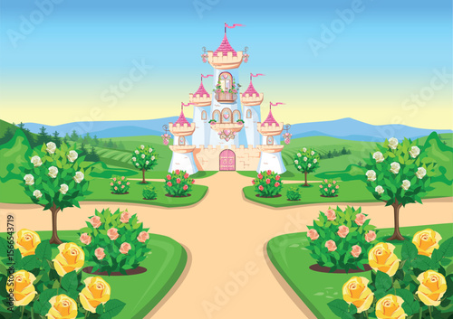 A beautiful rose garden in front of the pink castle of a beautiful princess with a balcony and towers, windows and gates. Vector illustration of fairy tale architecture on the background