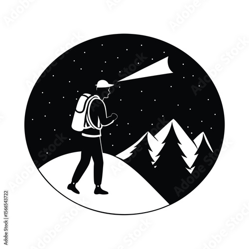 Silhouette hiker with headlamp at night in mountains