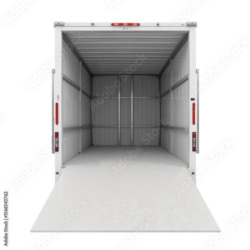 Empty cargo truck interior with open rear doors and white floor  