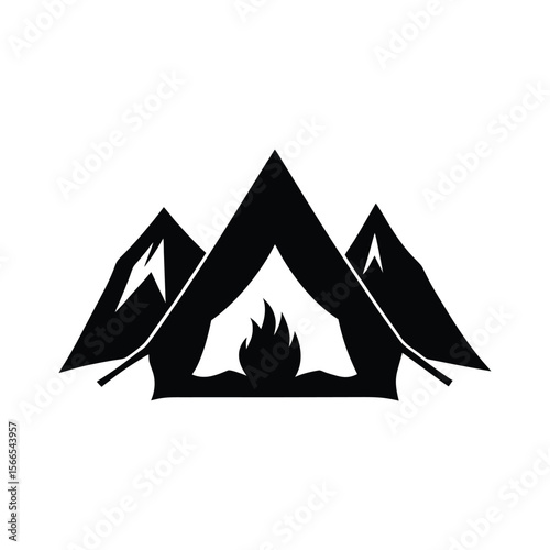 Silhouette of campfire inside a tent with mountains