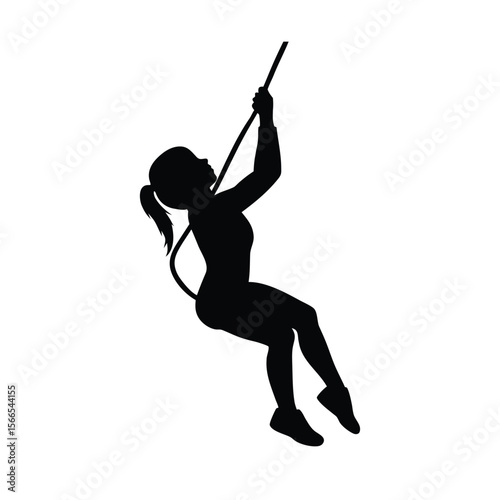 Silhouette of girl climbing rope on white background