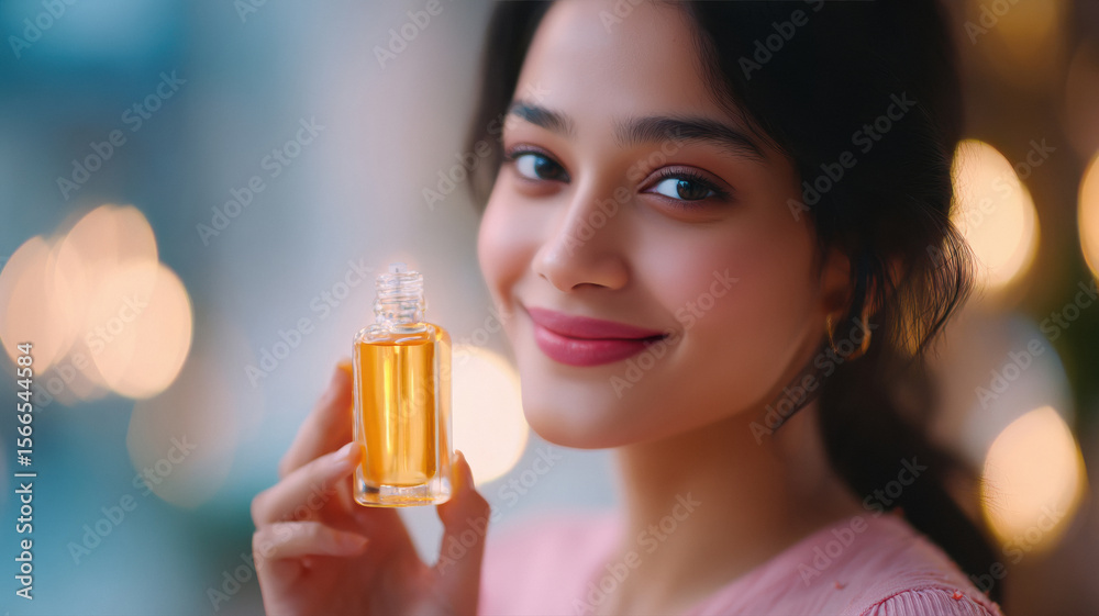 Fototapeta premium happy woman showing glass bottle with serum