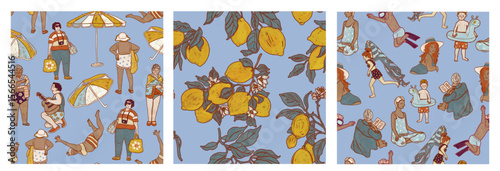 People on the beach and lemon trees folk pattern set. Blue background summer pool collection for textiles in retro style