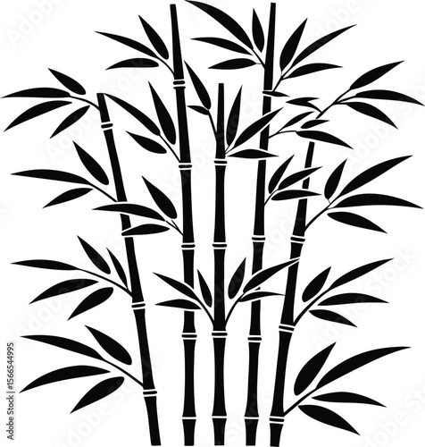 A stylized black silhouette of a bamboo grove with segmented stalks and pointed leaves isolated on transparent background