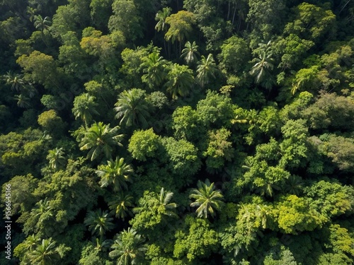 Aerial view of dense rainforest canopy, vibrant green, sunlight patches