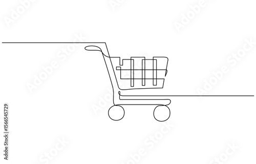 One continuous line drawing of shopping cart. Online shop purchase and supermarket symbol, One line drawing illustration of international shopping day. Trolley, Online shopping
