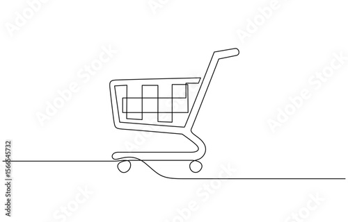 One continuous line drawing of shopping cart. Online shop purchase and supermarket symbol, One line drawing illustration of international shopping day. Trolley, Online shopping