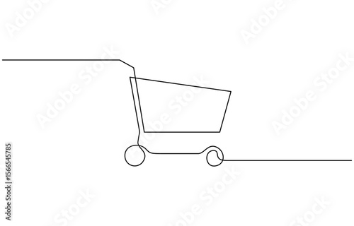 One continuous line drawing of shopping cart. Online shop purchase and supermarket symbol, One line drawing illustration of international shopping day. Trolley, Online shopping