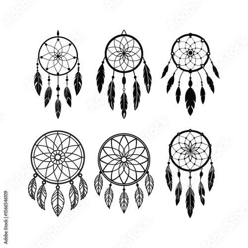 Collection of dreamcatchers with feathers and beads in black and white