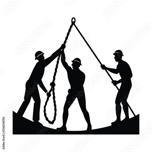 Three men in hard hats setting up rope anchors silhouette