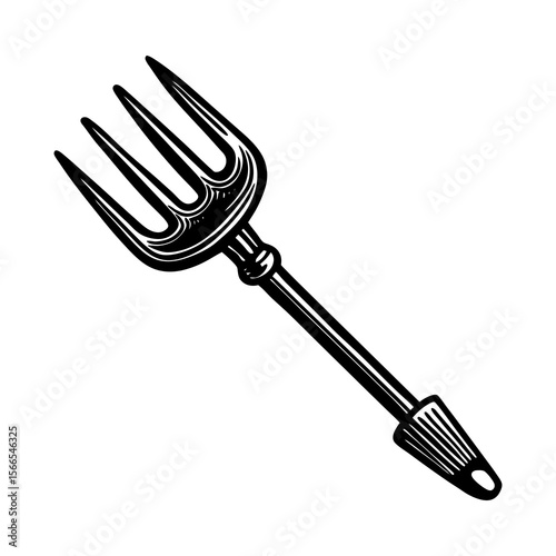Black and white illustration of a vintage pitchfork with four tines and a textured handle on a white background