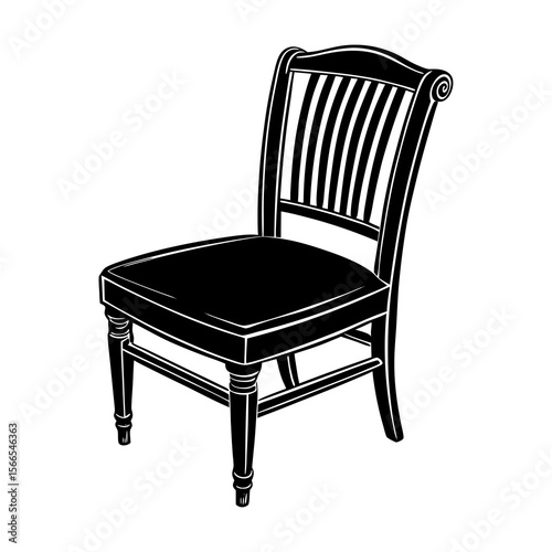 Elegant black and white illustration of a classic wooden chair with a slatted back and turned legs isolated on a white background
