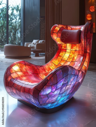 Vibrant modern lounge chair with a unique stained glass design, radiating colorful light, perfect for contemporary interior decor.