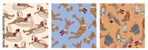 People on the beach. Folk pattern set. Summer pool collection for textiles in retro style. Vacation three wallpapers