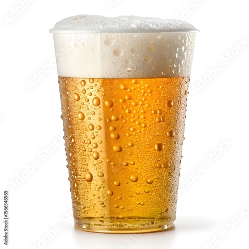 Refreshing Golden Beer in Plastic Cup with Foam and Condensation, Party Drink