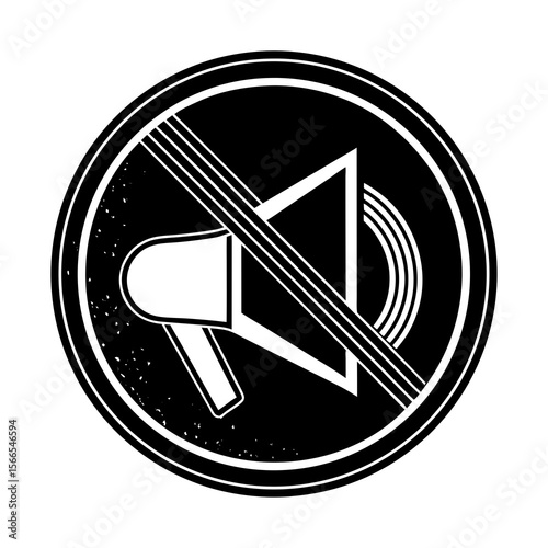 Stylized black and white circular icon representing a megaphone with sound waves crossed out indicating silence or no sound