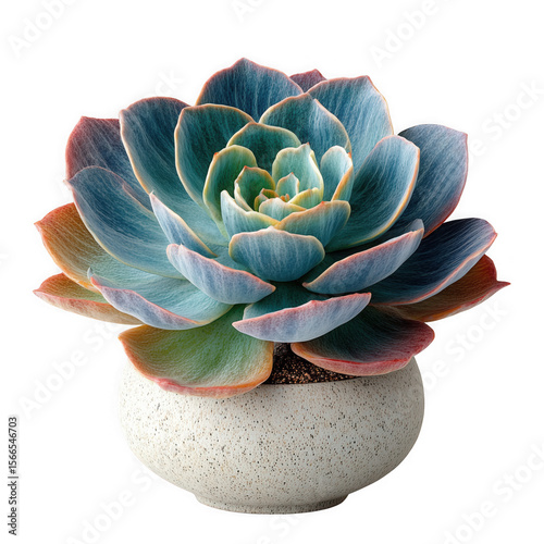 A vibrant succulent in a speckled pot against a black background