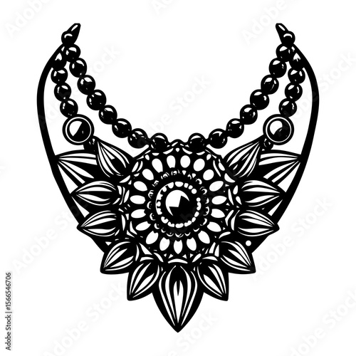 Intricate black and white mandala style necklace design with beaded strands and floral elements isolated on white background