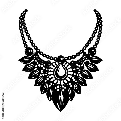 Elegant black and white silhouette of a vintage ornate necklace with a teardrop gem and floral embellishments