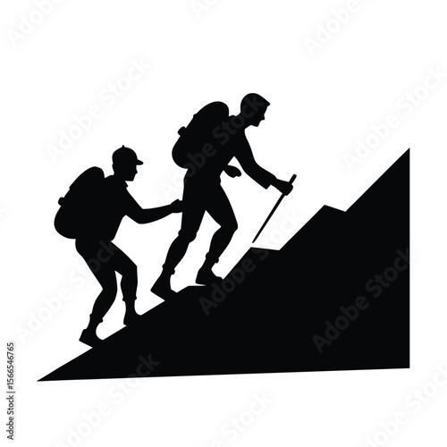 Two hikers helping each other climb a mountain silhouette