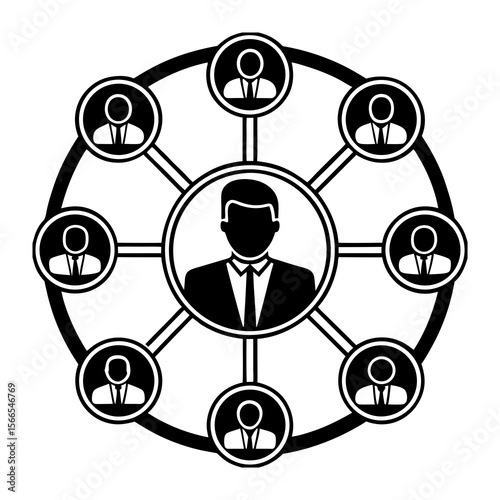 Stylized black and white icon representing a central figure connected to a network of other individuals in a circular arrangement