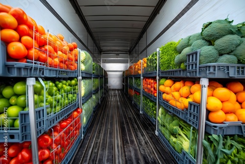 Refrigerated truck loading perishable goods with fresh produce like tomatoes, oranges, and broccoli in plastic containers for cold chain logistics and food safety transportation

