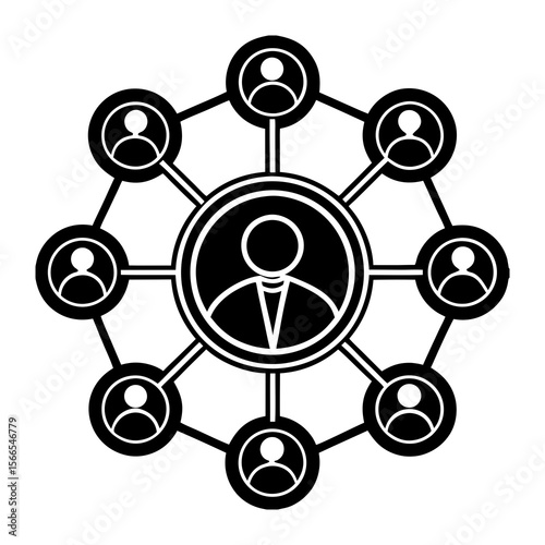 Stylized black and white icon representing a central figure connected to a network of other individuals in a circular formation