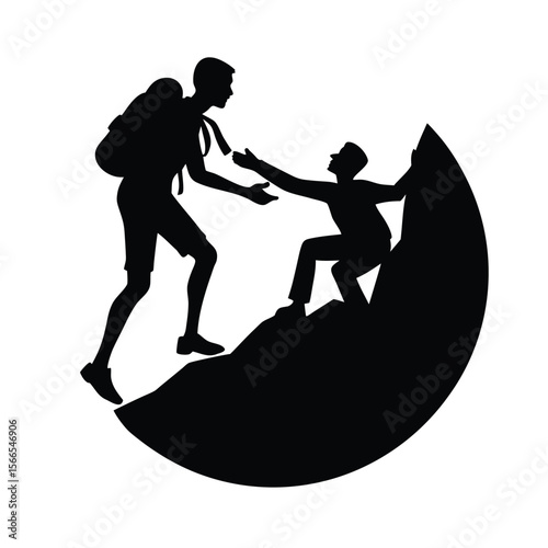 Two hikers in silhouette helping each other climb mountain