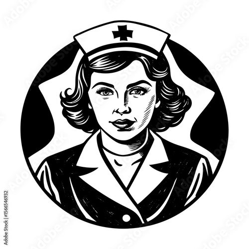 Vintage nurse portrait in black and white with a classic cap and cross emblem symbolizing healthcare and compassion