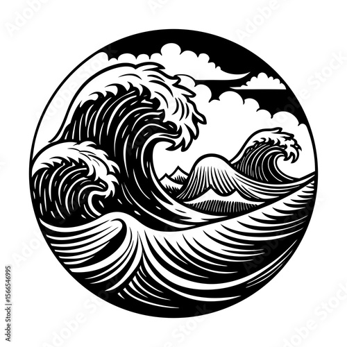 Stylized ocean waves and mountains woodcut illustration, Black and white circular woodcut-style artwork featuring dramatic ocean waves with mountains and clouds in the background.
