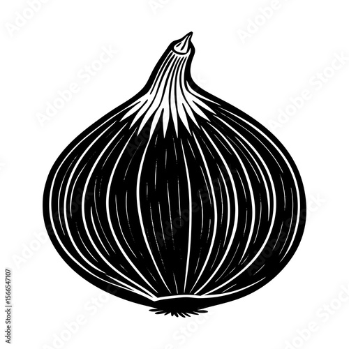 A striking black and white woodcut style illustration of a single whole onion isolated on a clean white background
