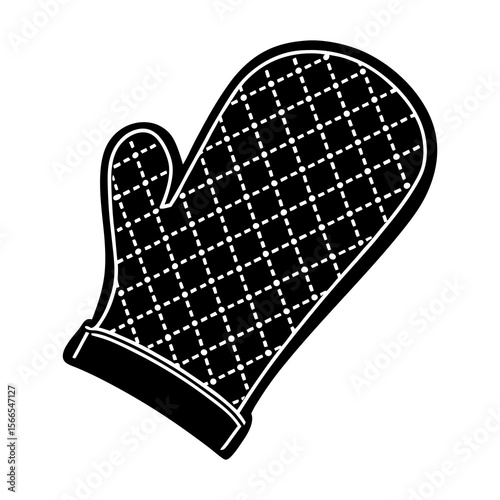 Black oven mitt with white diamond pattern and stitched edges isolated on a white background for cooking and baking safety