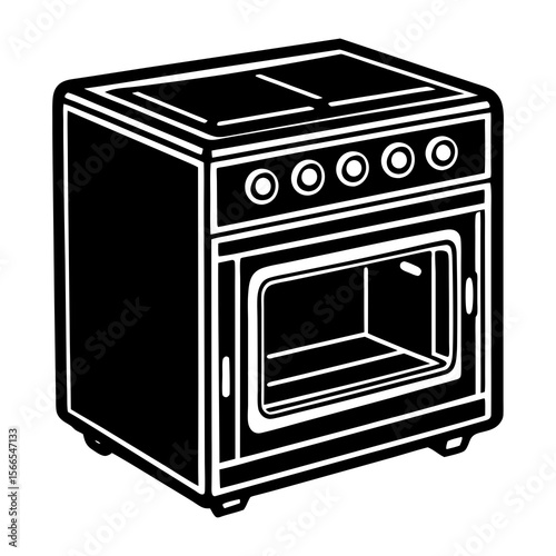 Stylized black and white illustration of a modern kitchen stove with an open oven door and stovetop burners