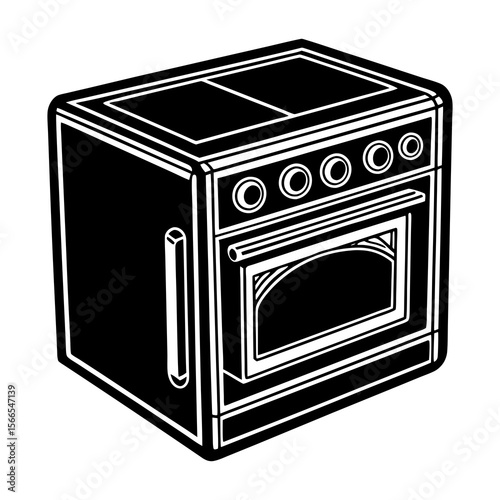 Stylized black and white illustration of a classic freestanding kitchen stove with an oven and stovetop burners