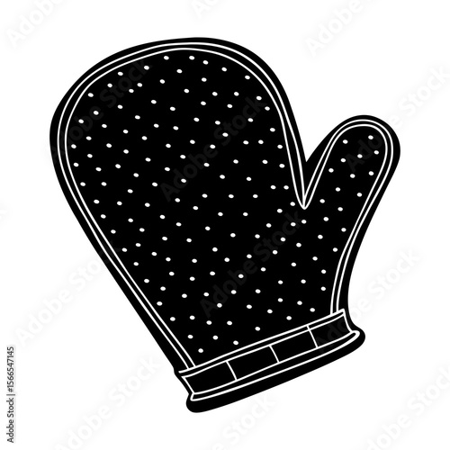 Stylized black oven mitt with white polka dots and a white border isolated on a white background