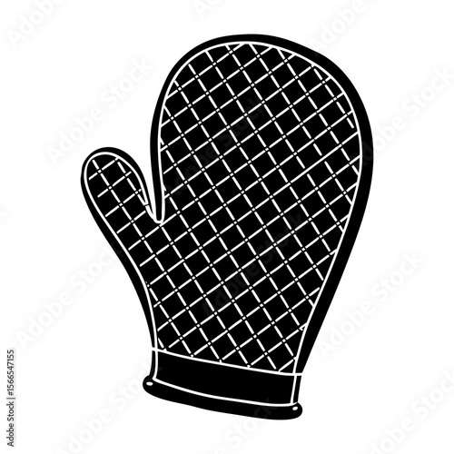 Simple black and white line art illustration of a quilted oven mitt on a white background