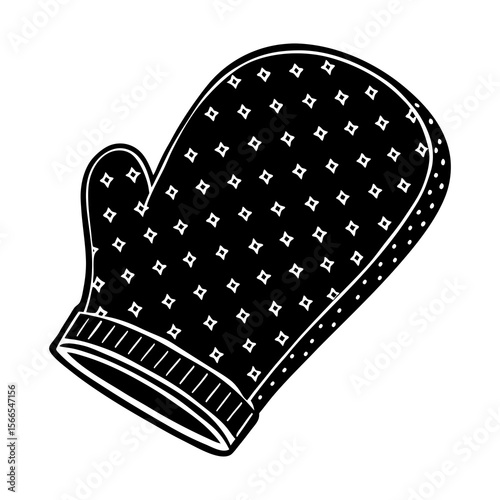 Black oven mitt with white diamond pattern and ribbed cuff isolated on white background for cooking and baking safety