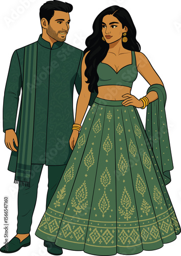 Traditional Indian Wedding Couple in Green Ethnic Attire