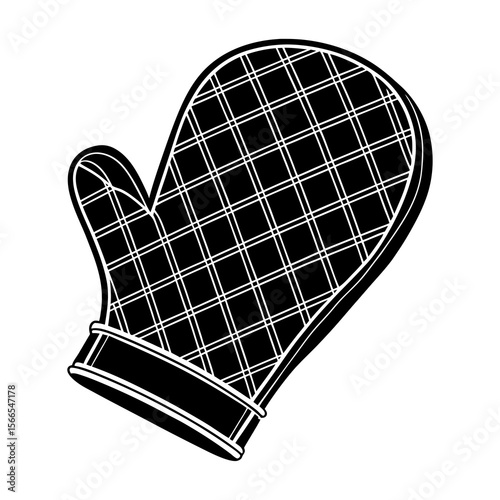 Black and white graphic illustration of a quilted oven mitt with a thick cuff isolated on a white background